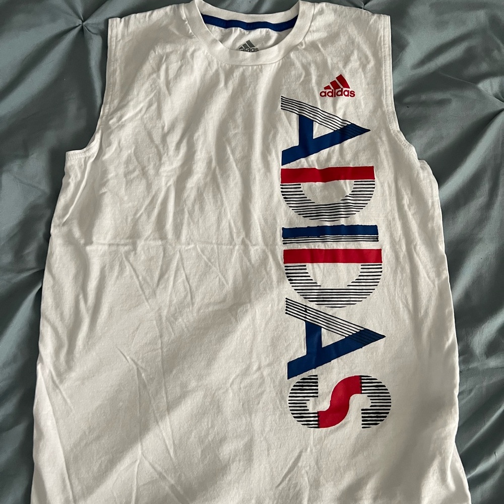 Adidas White Muscle Shirt with Blue and Red Logo